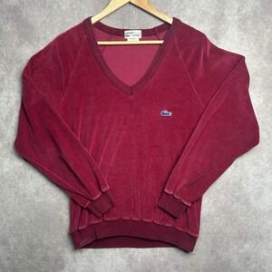 Vintage IZOD Lacoste Velour V Neck Long Sleeve Pullover Red L  Alligator Velvet